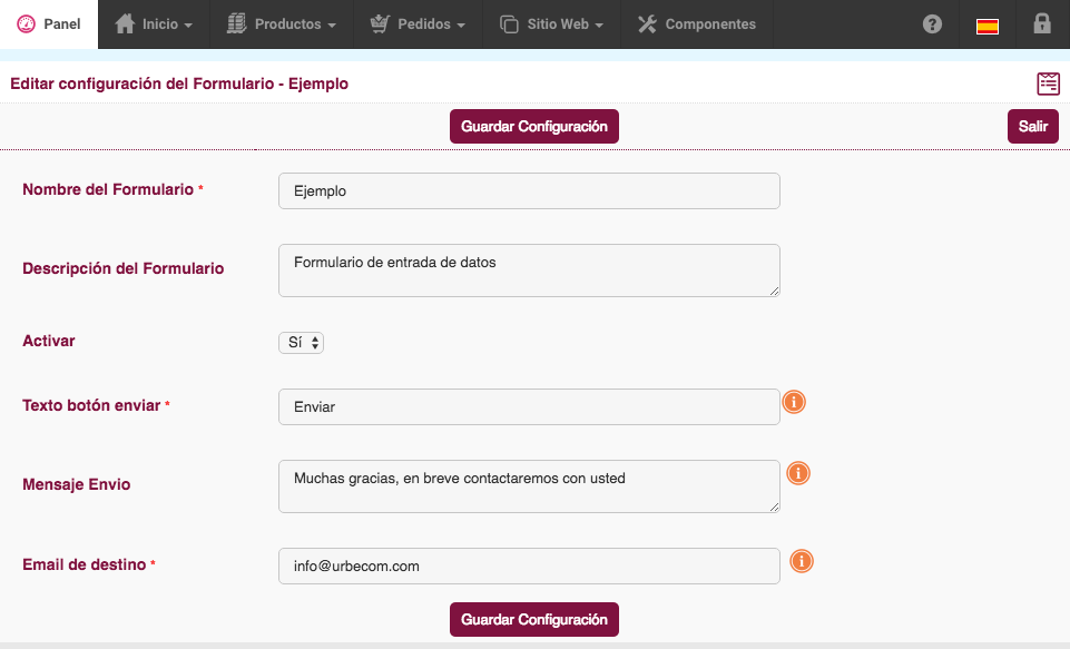 configuracón formulario