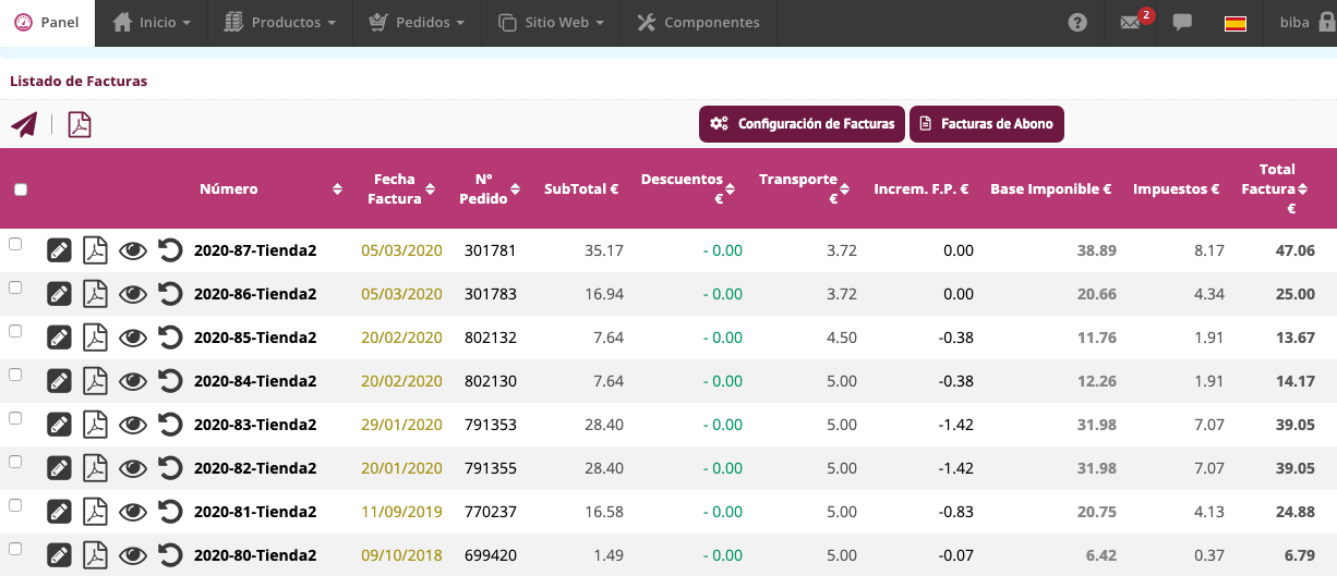 listados de facturas