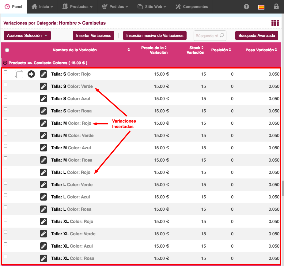 Variaciones insertadas