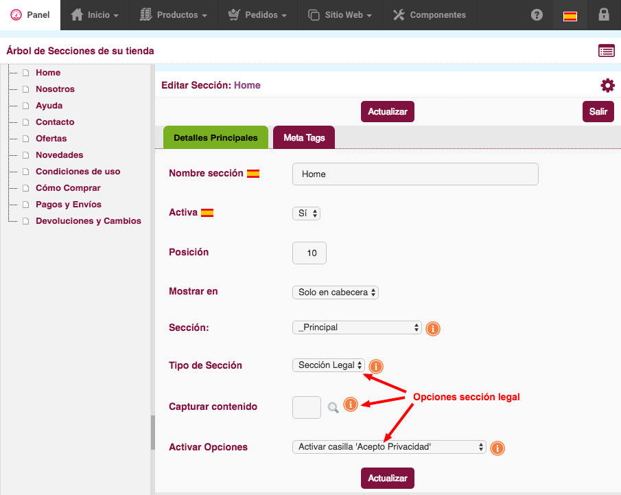 editar configuración legal